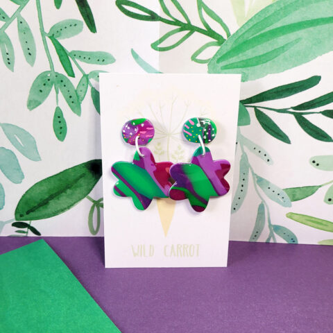 Lime Violet Medium Flower Dangle - painted top
